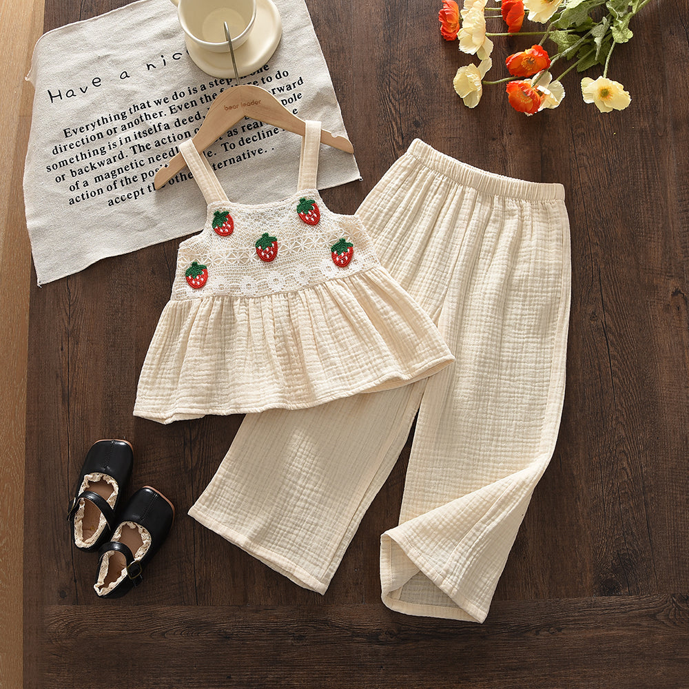 Strawberry Lace Sun-top Comfy Trousers 100% Cotton Girls' Set