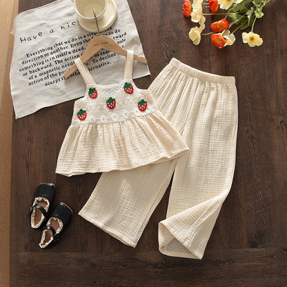Strawberry Lace Sun-top Comfy Trousers 100% Cotton Girls' Set