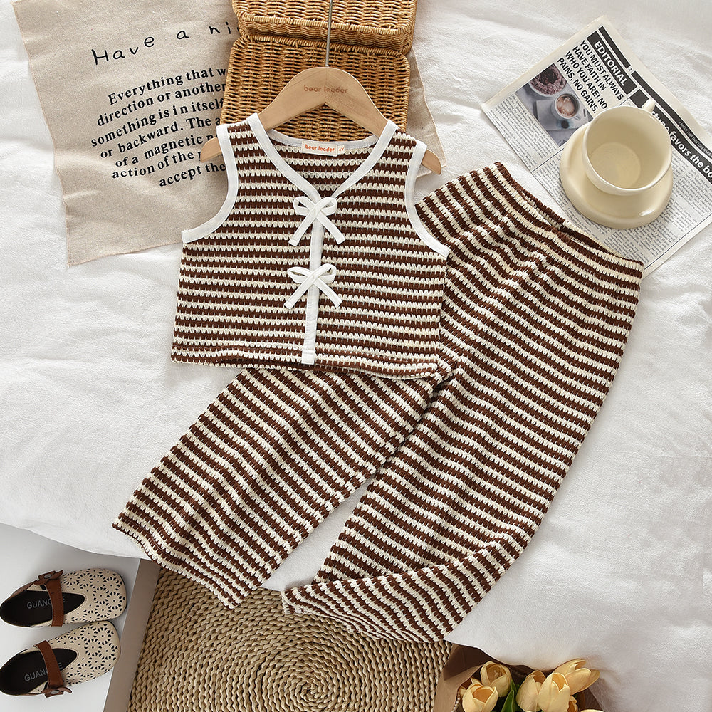 Fashion Stripes Knitted Girls' Set Bow Summer Girls' Vacation Outfit