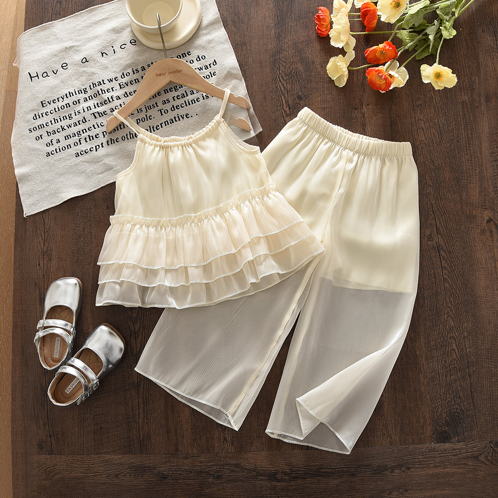 Adjustable Strap Ruffle Sun-top+Gauze Pants Girls' Vacation Set