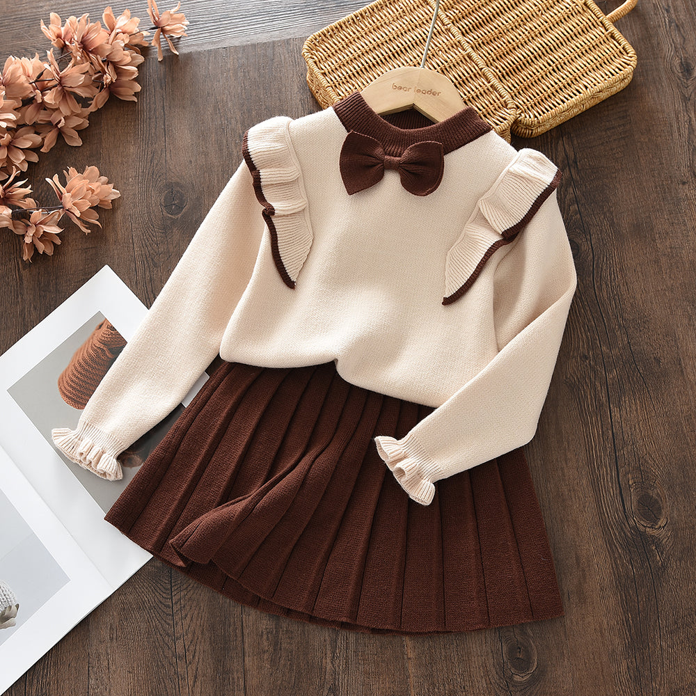 Bow Knitted Top+Pleated Skirt Girls' Cute Set