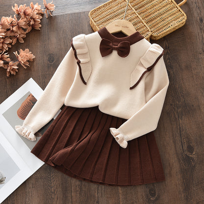 Bow Knitted Top+Pleated Skirt Girls' Cute Set