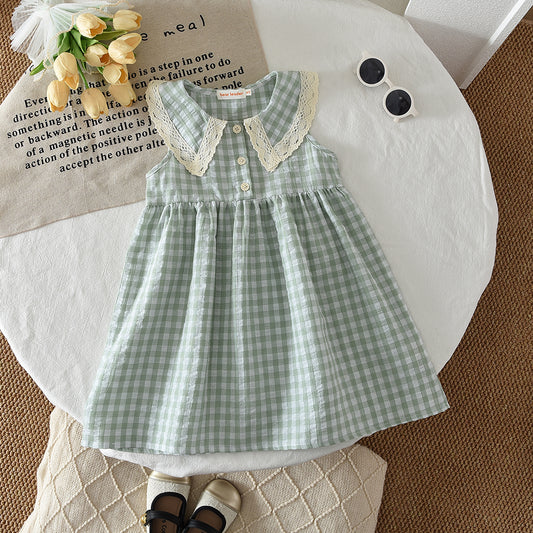 Lace Collar Plaid A-line Cute Girls' Summer Dress