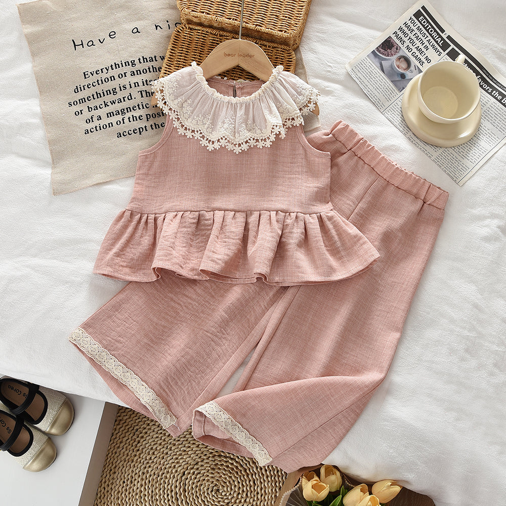 Lace Collar Top+Wide Leg Pants Cute Girls' Sleeveless Set