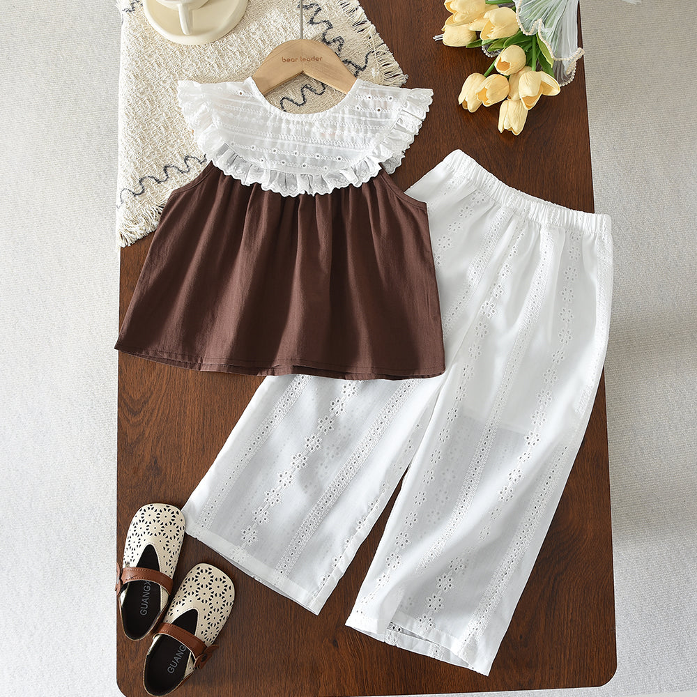 Big Collar Sleeveless Shirt+Hollow-Out Pants Kid Girls' Summer Set