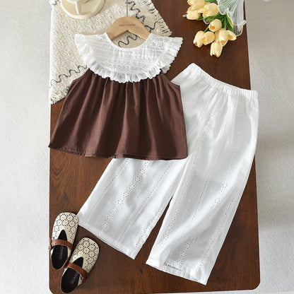Big Collar Sleeveless Shirt+Hollow-Out Pants Kid Girls' Summer Set