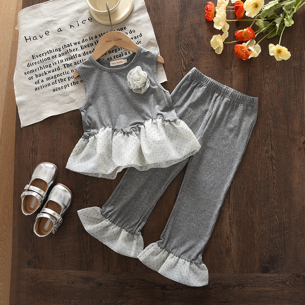 Polka Dots Ruffle Sleeveless Top+Flared Trousers Girls' Fashion Set