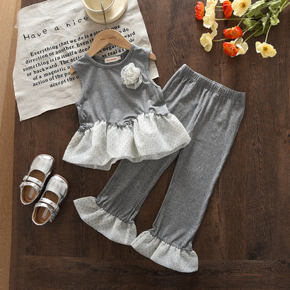 Polka Dots Ruffle Sleeveless Top+Flared Trousers Girls' Fashion Set