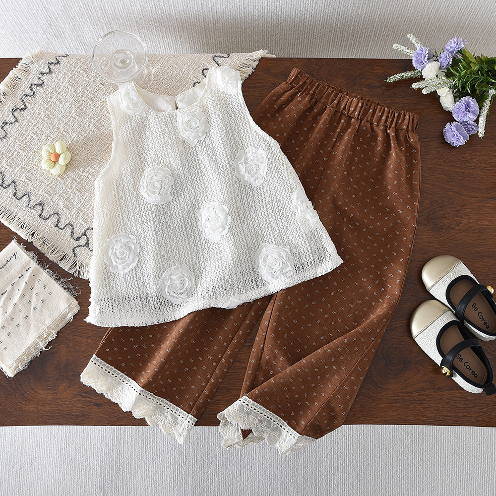 Flowers Mesh Sleeveless Top+Lace Floral Pants Girls' Stylish Set