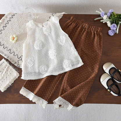 Flowers Mesh Sleeveless Top+Lace Floral Pants Girls' Stylish Set