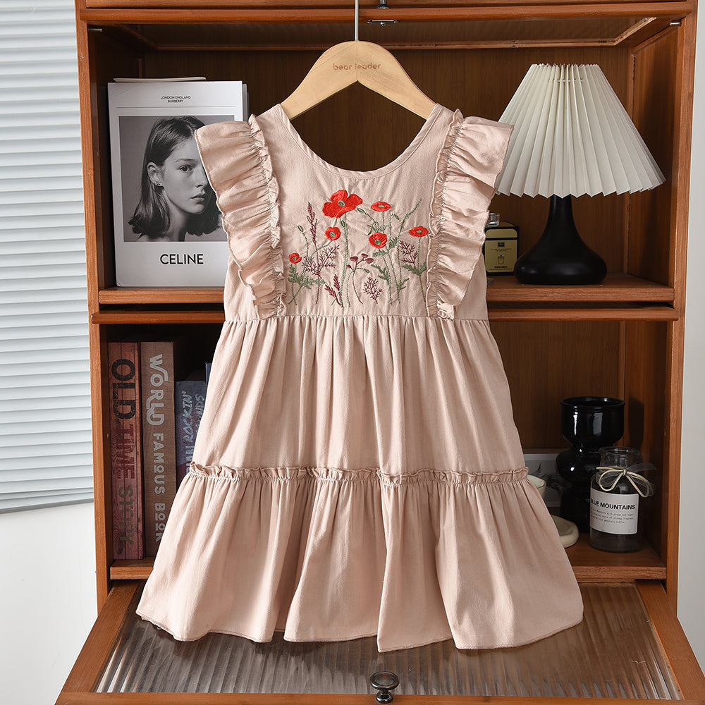 Floral Embroidery Ruffle Outfit Girls' 100% Cotton Casual Dress