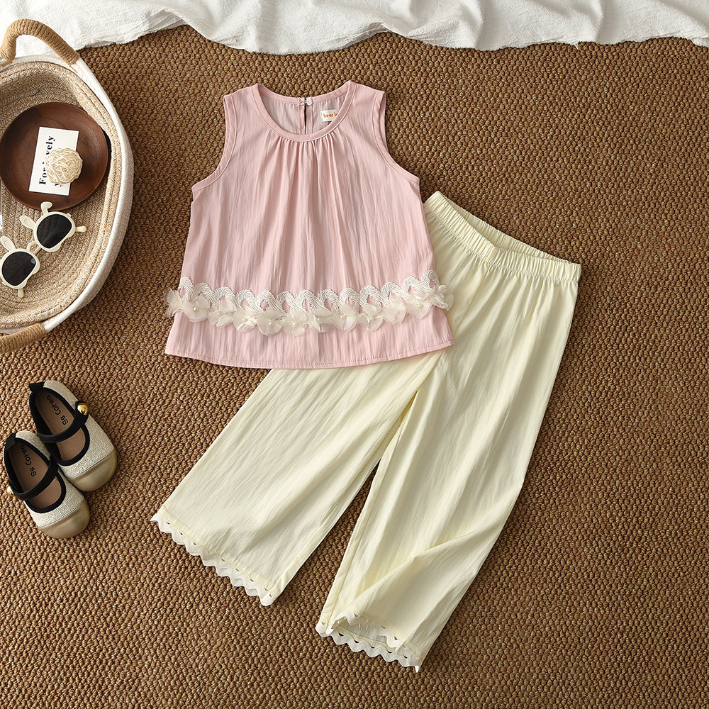 Mesh Flower Vest+Lace Pants Elegant Girls Summer Set