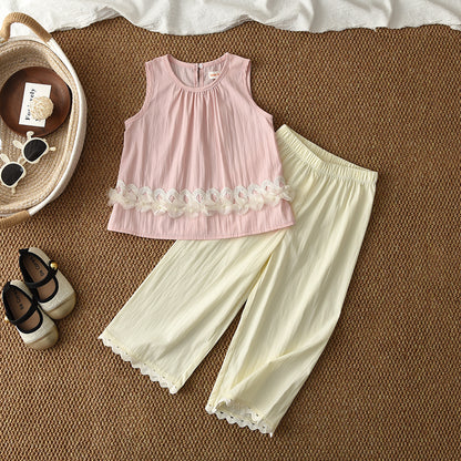 Mesh Flower Vest+Lace Pants Elegant Girls Summer Set