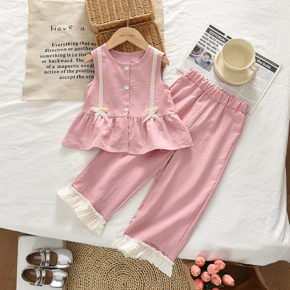 Lace Bow Ruffle Top+Lace Trousers Girls' Cute Set