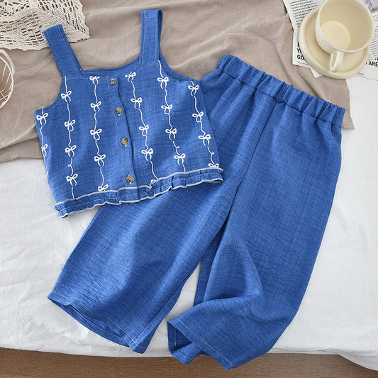 Girls' Bow-knot Printing Sun-top+Pant 2PCS Set