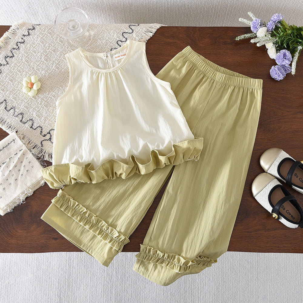 Ruffle Cute Vest Top+Wide Leg Pants Girls' Casual Set