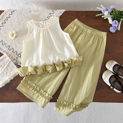 Ruffle Cute Vest Top+Wide Leg Pants Girls' Casual Set