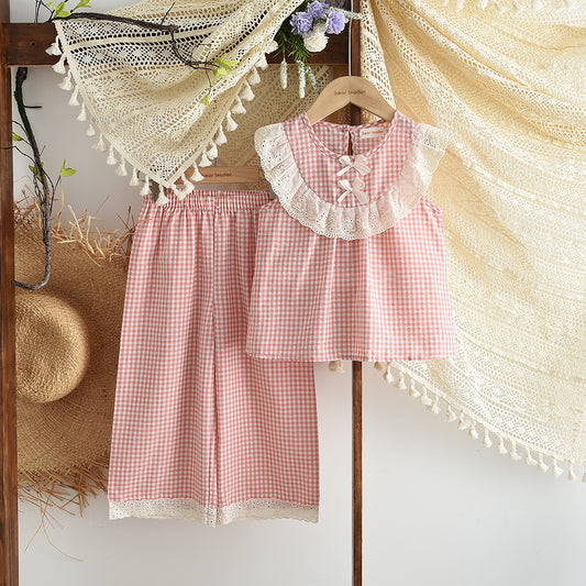 Cute Plaid Pattern Bow Top+Trousers Girls' Lace Set