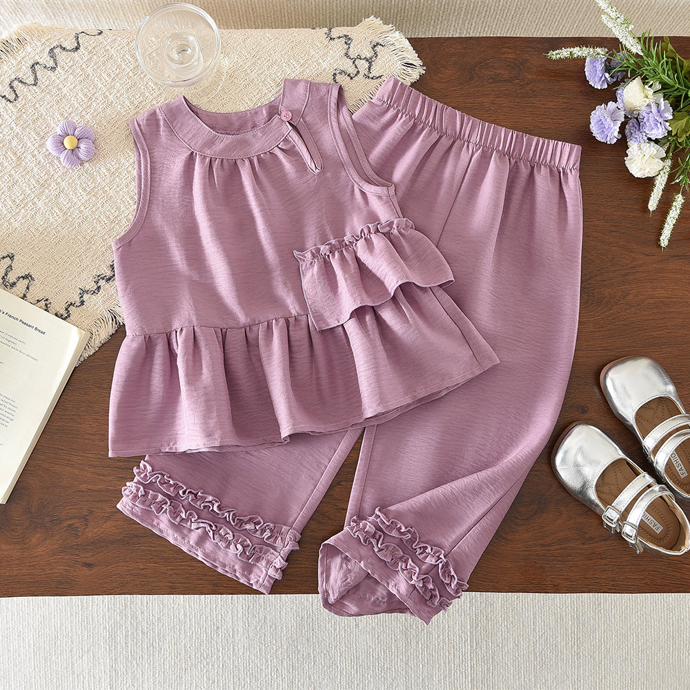 Sleeveless Ruffle Shirt+Lettuce Trim Pants Girls' Summer Fashion Set