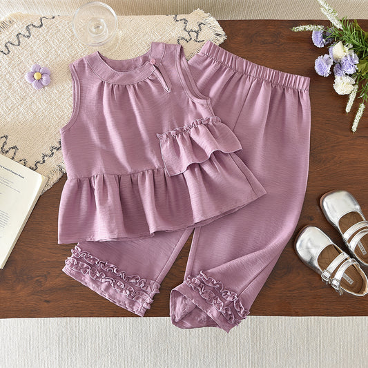 Sleeveless Ruffle Shirt+Lettuce Trim Pants Girls' Summer Fashion Set