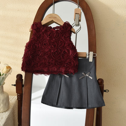 3D Rose Mesh Vest Bow Skirt Cute Girls Set Elegant Outfit