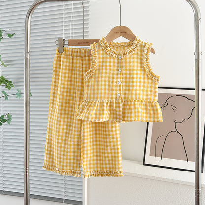 Fresh Plaid Ruffle Shirt+Casual Pants Girls' Cute Set