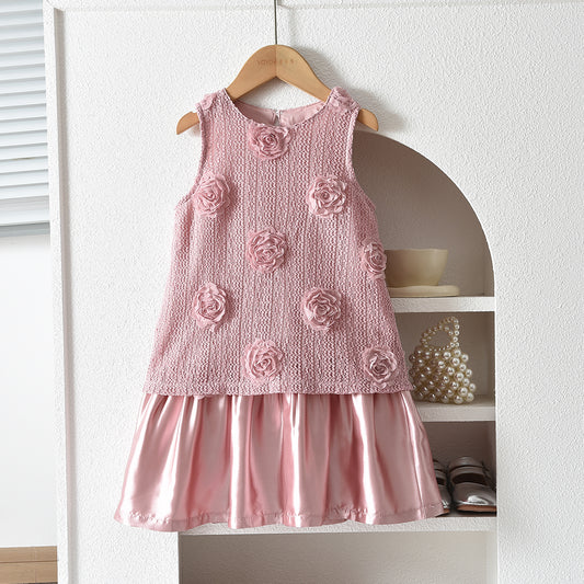 3D Flowers Mesh Patchwork Outfit Girls' Shiny Princess Dress