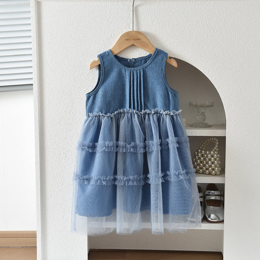Summer Bright Blue Mesh Dress Fashion Cute Kid Girls' Patchwork Dress
