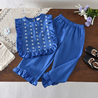 Floral Prints Ruffle Vest+Wide Leg Pants Girls' Fashion Set