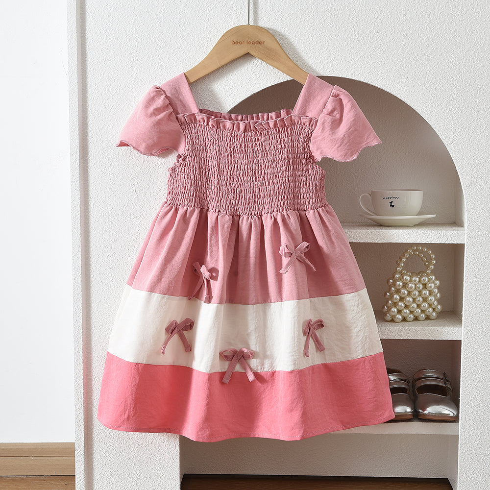 Short Sleeve Patchwork Outfit Kid Girl's Bow Princess Dress