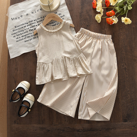 Lace Ruffle Sleeveless Top+Stripes Wide Leg Pants Girls' Elegant Set