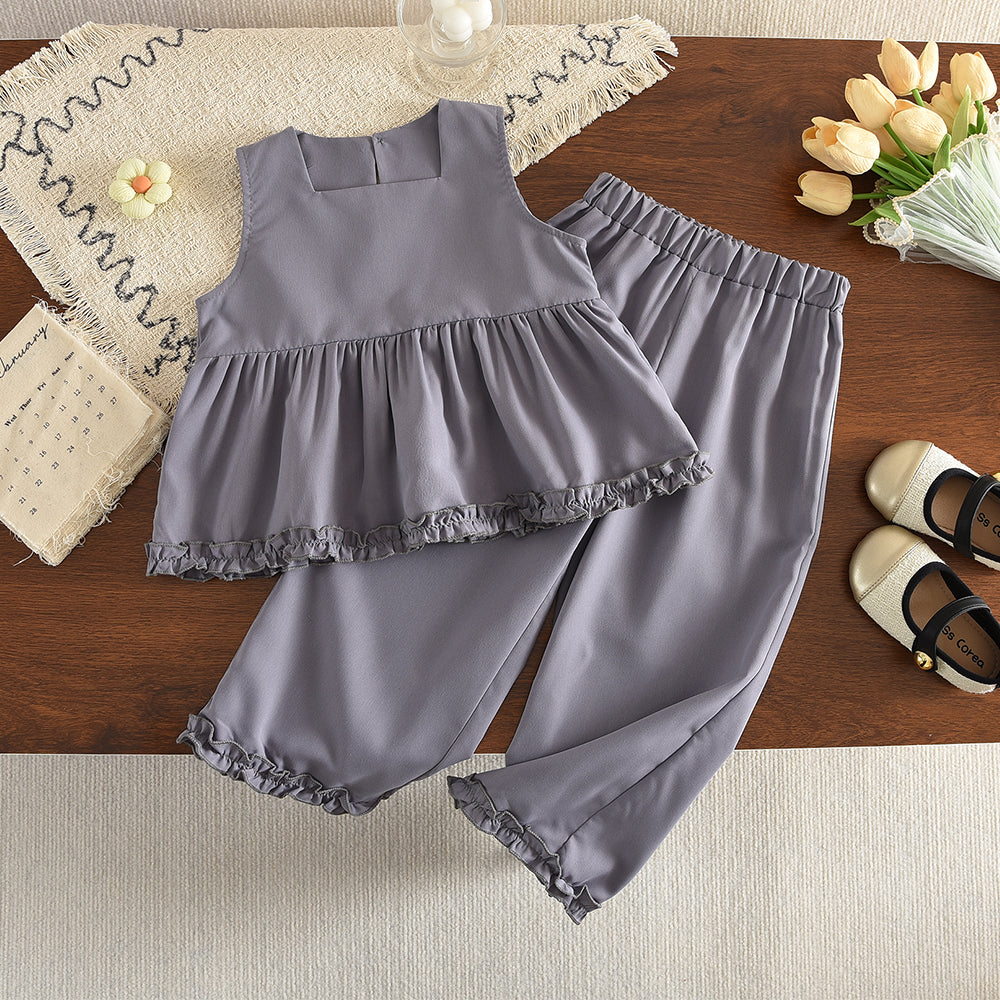 Lettuce Trim French Top+Wide Leg Pants Fashion Girls' Set