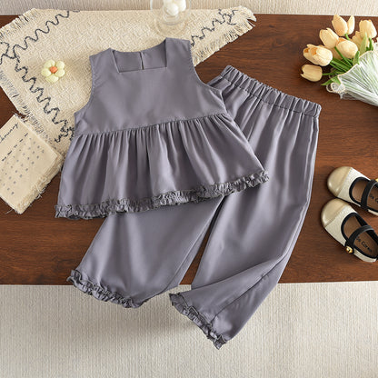 Lettuce Trim French Top+Wide Leg Pants Fashion Girls' Set