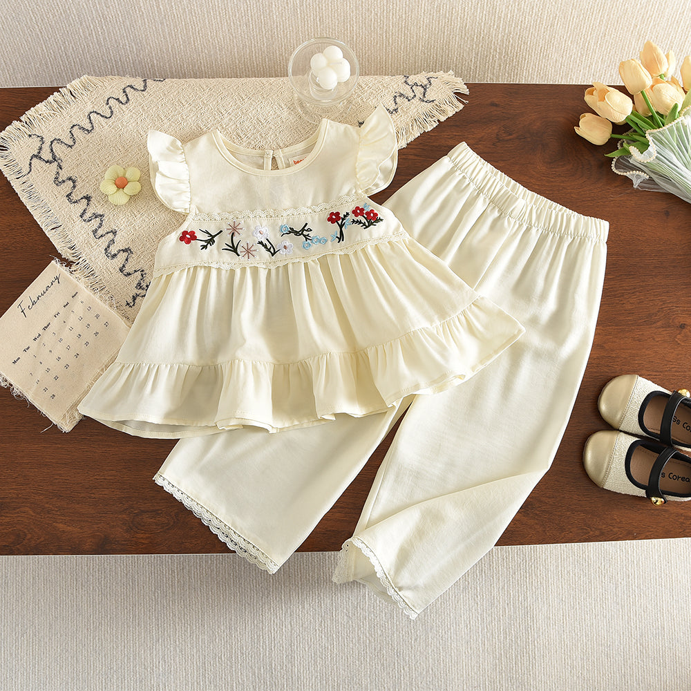 Floral Embroidery Ruffle Top+Lace Pants Girls' Cute Set