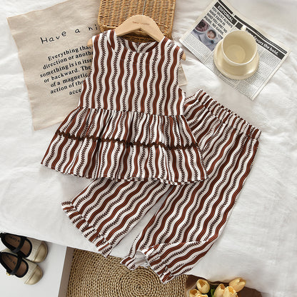 Stylish Stripes Ruffle 2pcs Set Girls' Vintage Summer Set