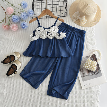 Wrinkle Flower Sun-Top+Wide Leg Pants Girls' Summer Elegant Vacation Set