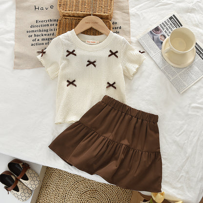 Kid Girls' Short Sleeve Bow T-shirt Shorts 2pcs Summer Casual Set