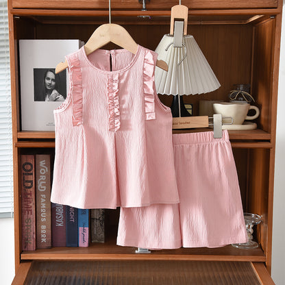 Lettuce Trim Sleeveless Shirt+Shorts 2pcs Girls' Summer Casual Set