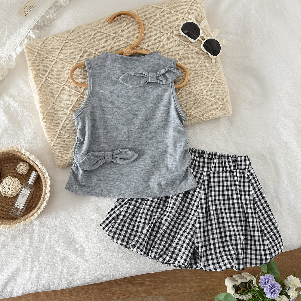 Cute Bow Sleeveless T-shirt+Plaid Shorts Girls' Lovely Outfit