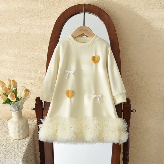 Girls' Cartoon Heart Patch Bow Lace Dress