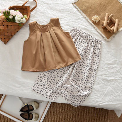 Seasonal Fashion Sleeveless Top+Floral Pants Girls' Summer Casual Set