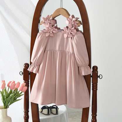 Girls' 3D Flowers Off-shoulder Sun Dress