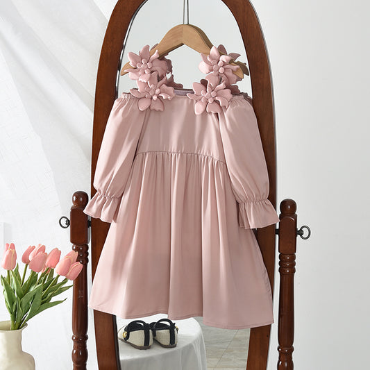 Girls' 3D Flowers Off-shoulder Sun Dress