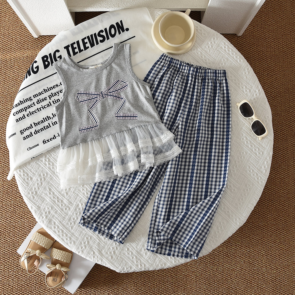 Cartoon Bow Prints Lace Vest+Plaid Pants 2pcs Girls' Set