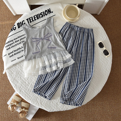 Cartoon Bow Prints Lace Vest+Plaid Pants 2pcs Girls' Set