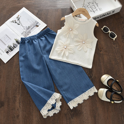 3D Flower Shirt+Lace Pants Girls' Summer Fashionable Set