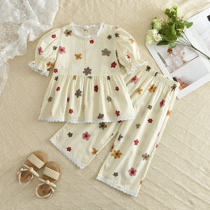 Multi-color Floral Prints Lace Shirt+Pants 100% Cotton Girls Pajamas Set