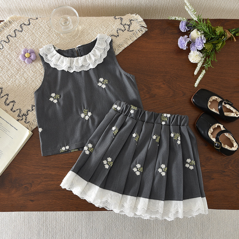 Cute Floral Embroidery Lace Shirt+Pleated Skirt Girls' Vintage Set