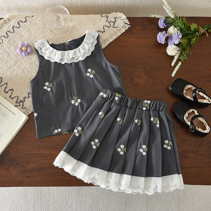 Cute Floral Embroidery Lace Shirt+Pleated Skirt Girls' Vintage Set