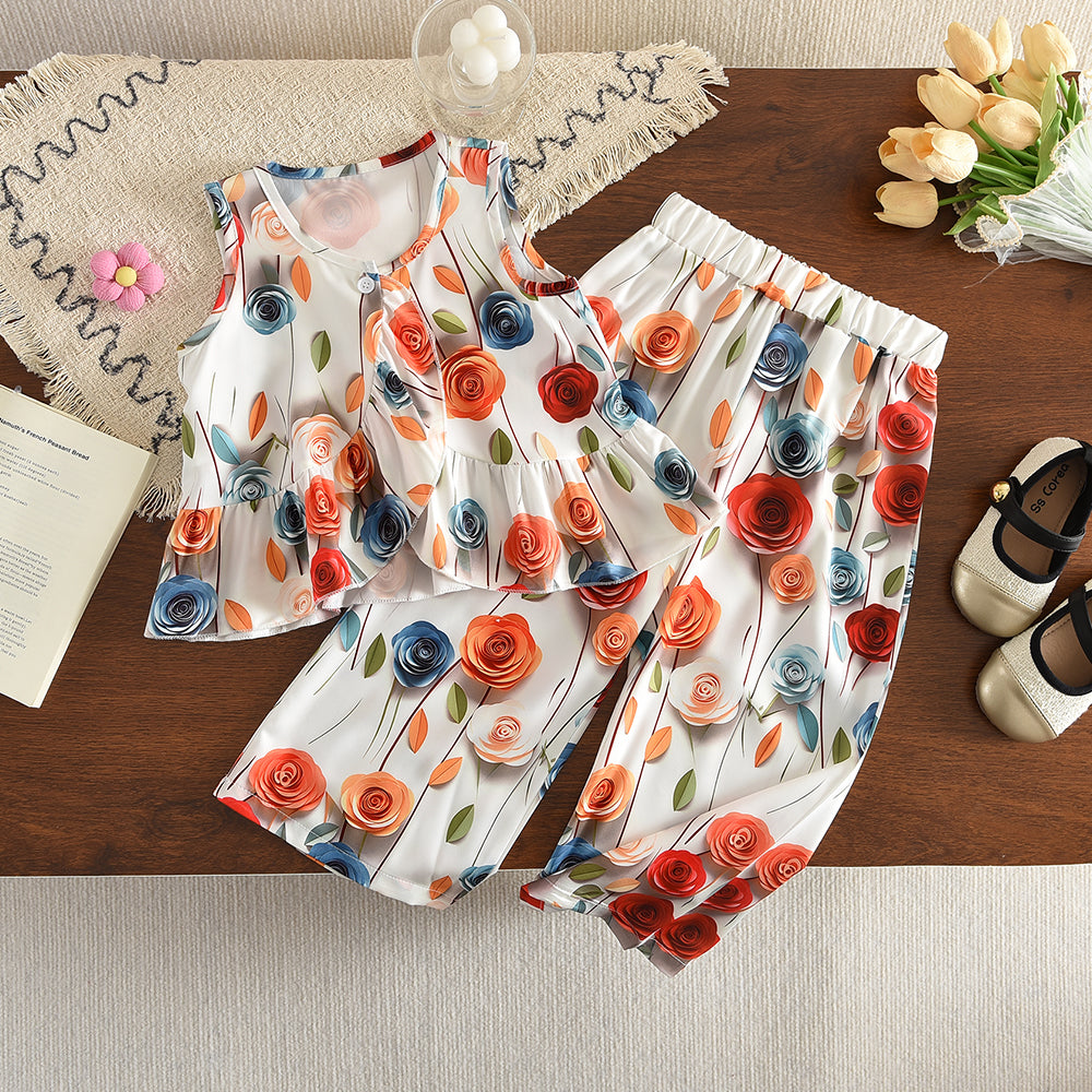 Flowers Prints Ruffle Vest+Wide Leg Pants Girls' Vacation Set